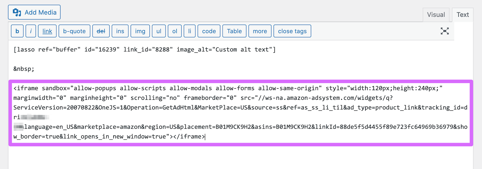 pasting code into wordpress text editor
