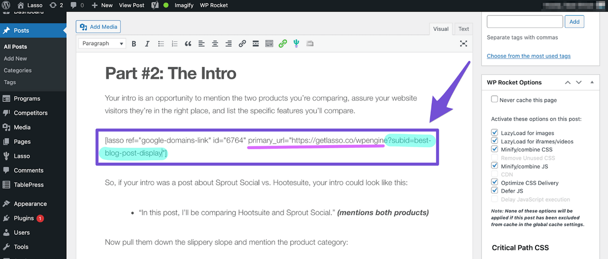 overring the url with a subid and how it looks for lasso users with subid highlighted in green within the url