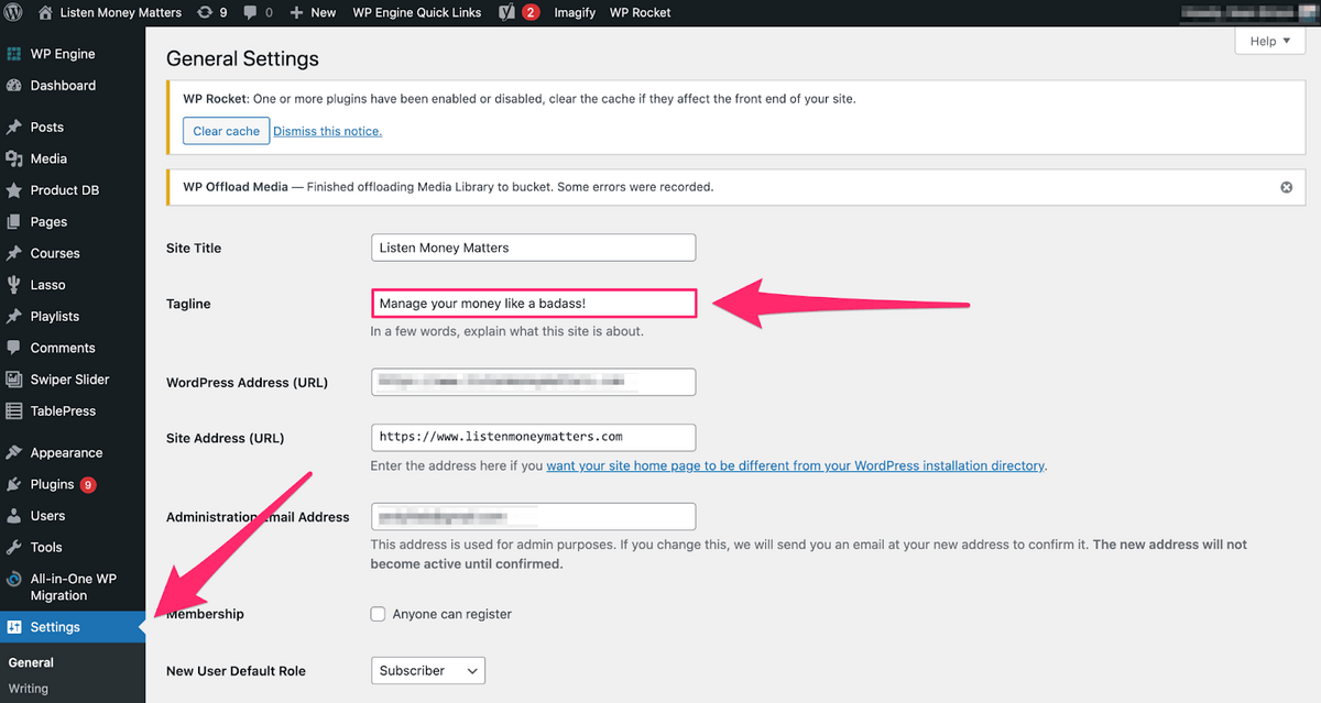 heading to settings in the wordpress dashboard