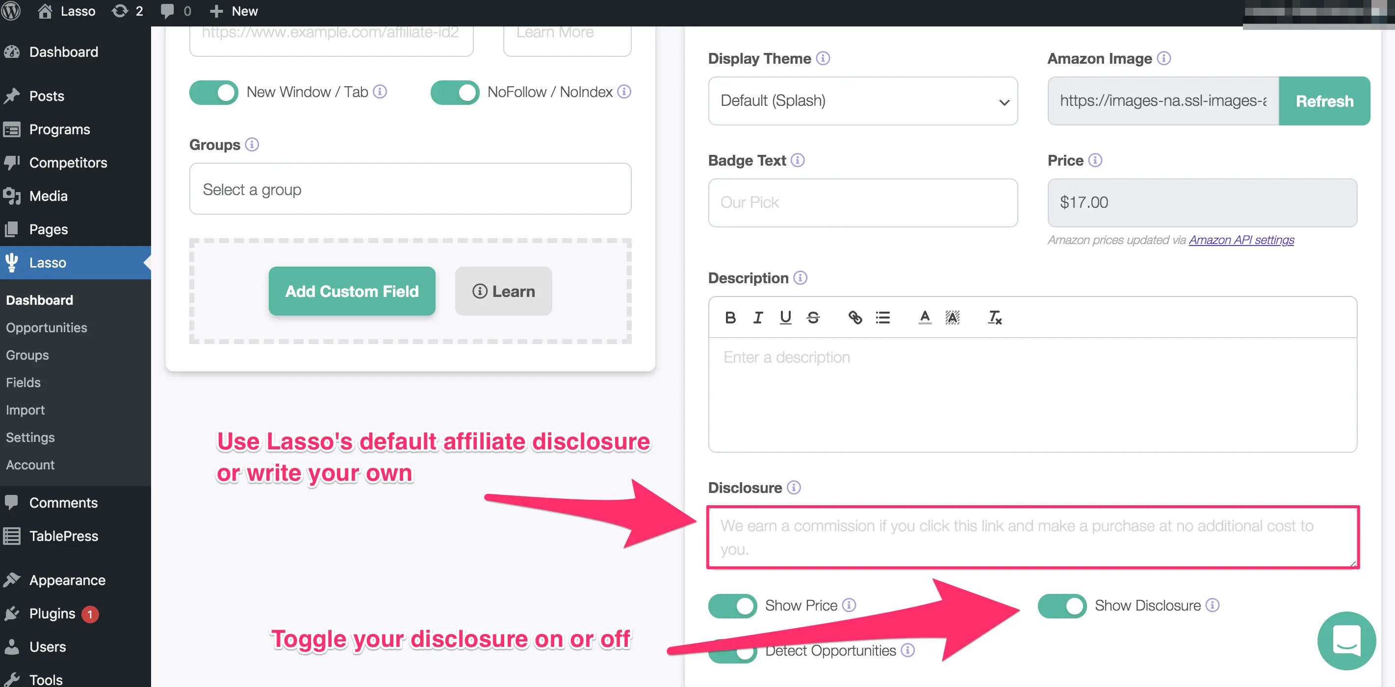 using lasso's affiliate disclosure and where you can turn it on or off in the product page url
