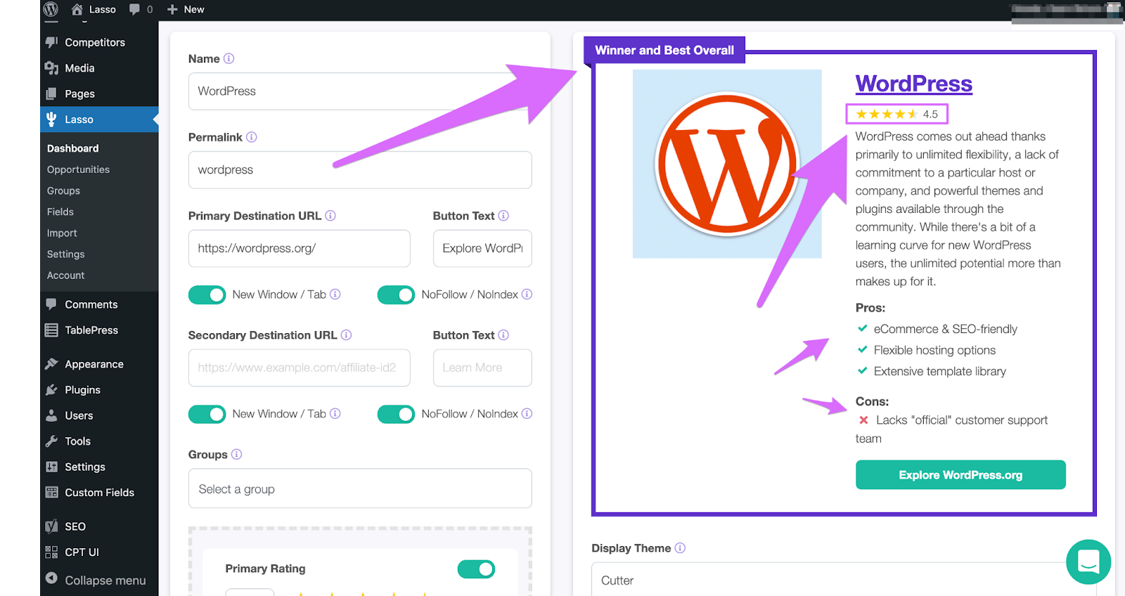lasso display with star ratings, pros/cons and badge as call to action example