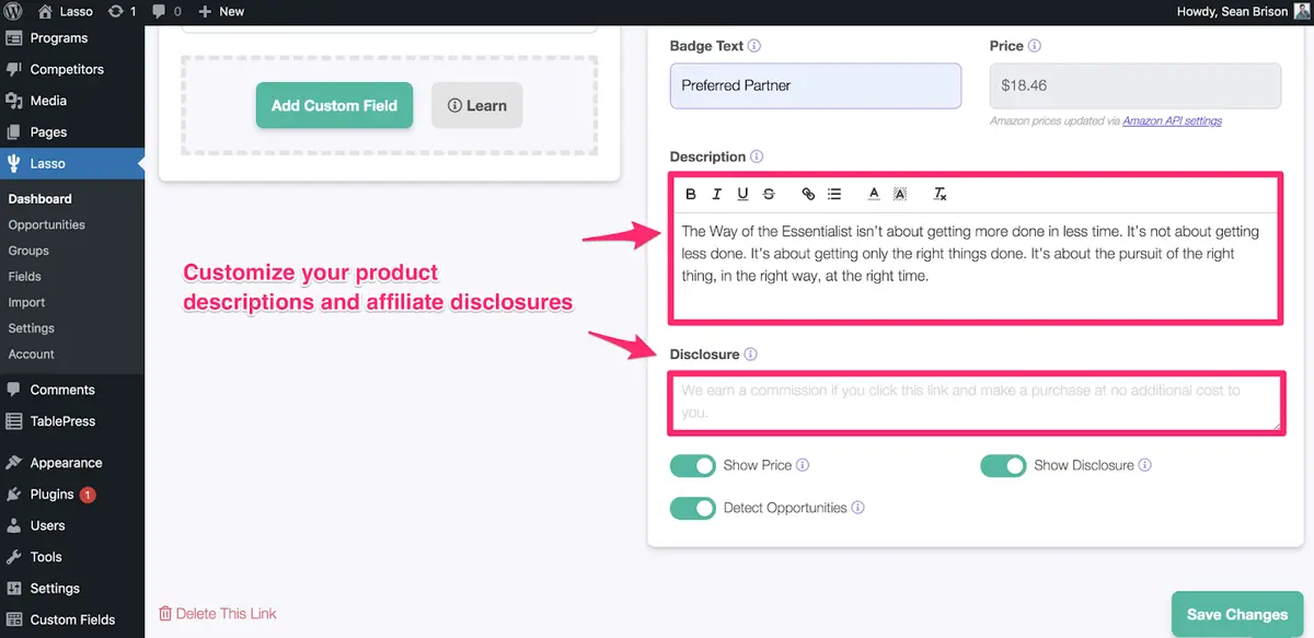 scrolling down lasso product page annotated where description and disclosure are
