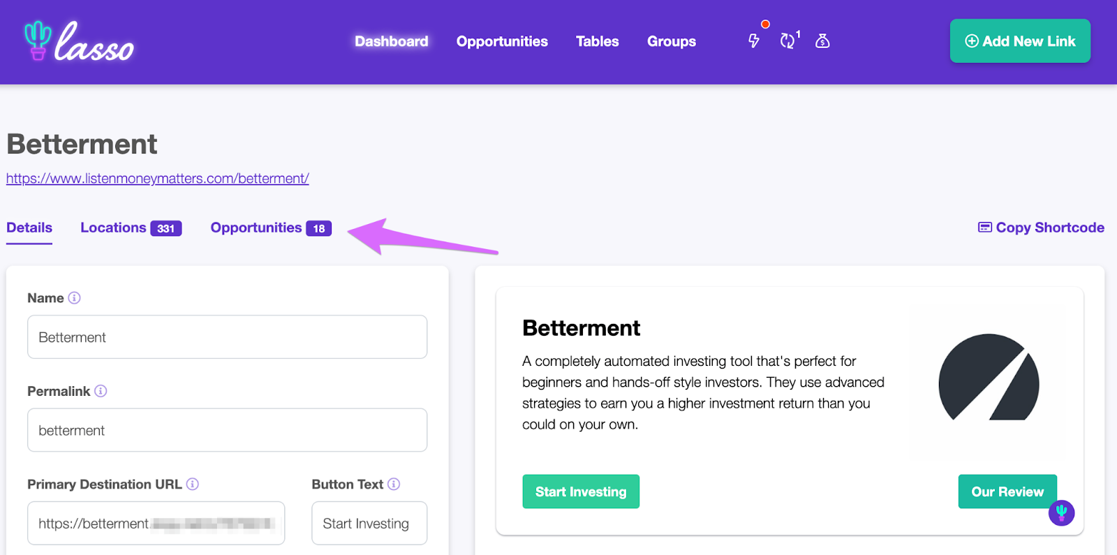 clicking opportunities in the link details page