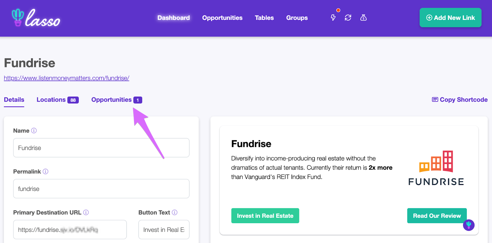 Link details page and seeing opportunities there