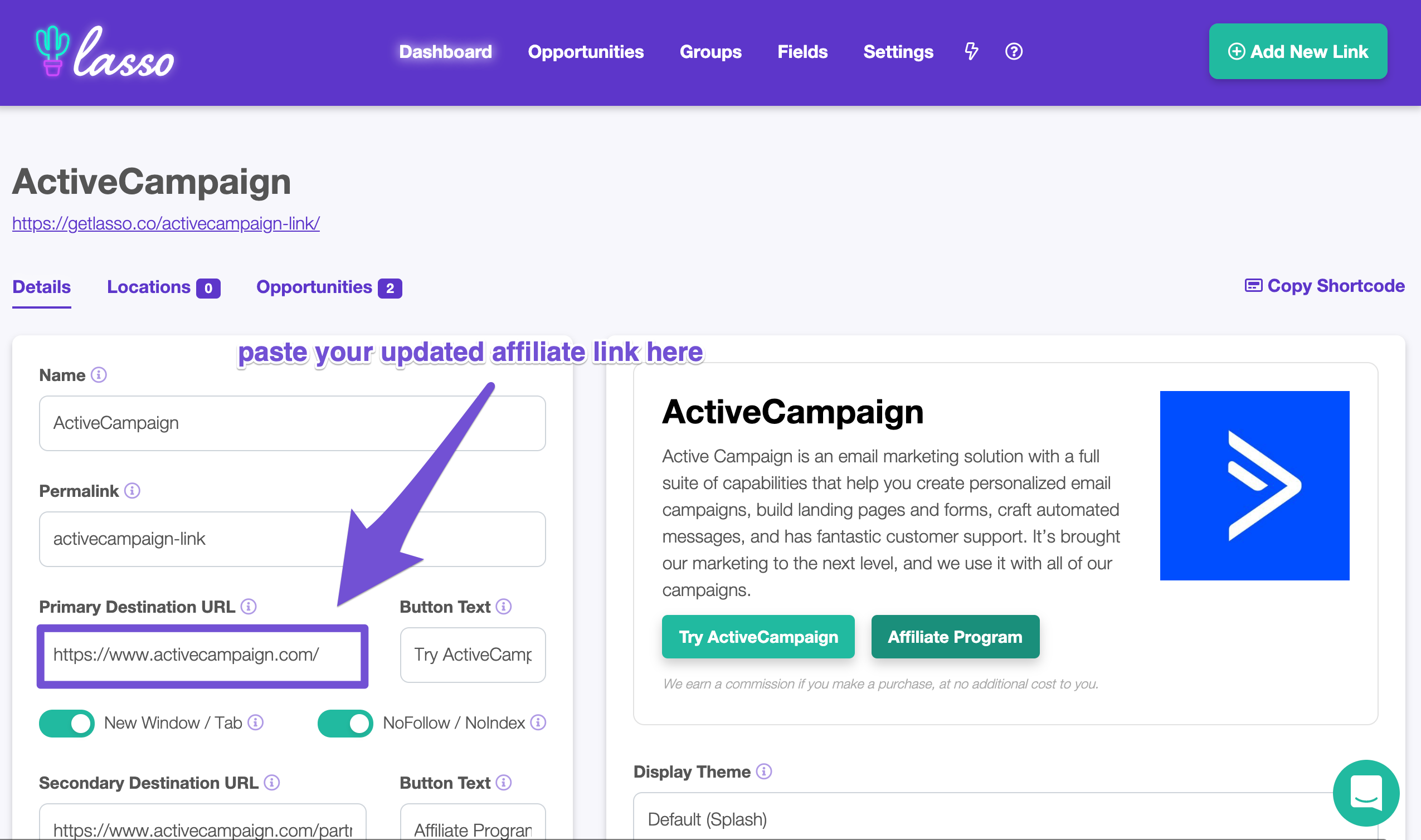 pasting new affiliate link in lasso dashboard