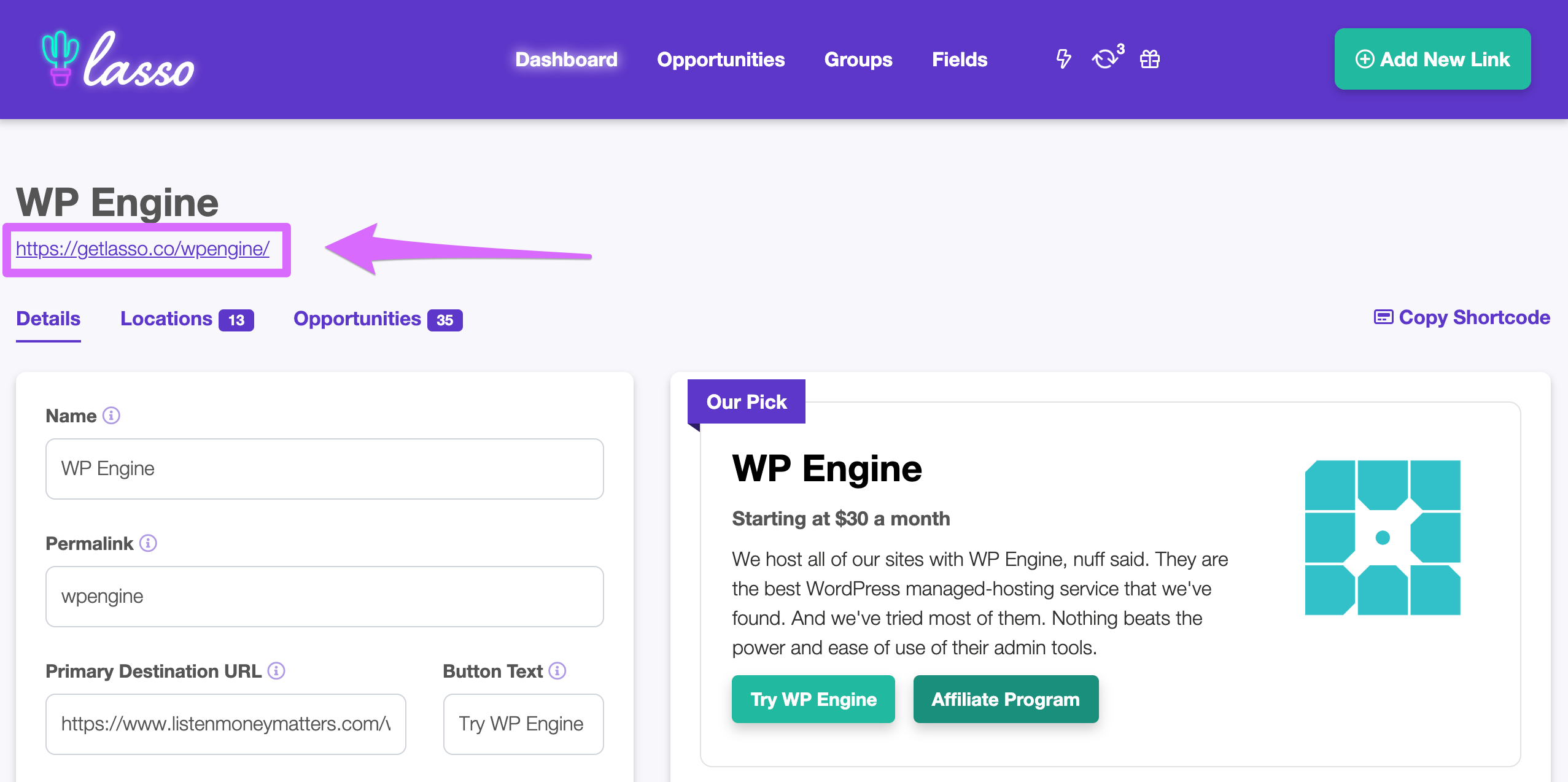cloaked link in lasso link details page for wp engine