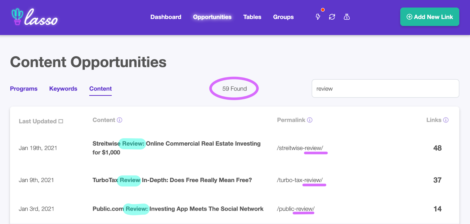 searching for all product reviews in content opportunities