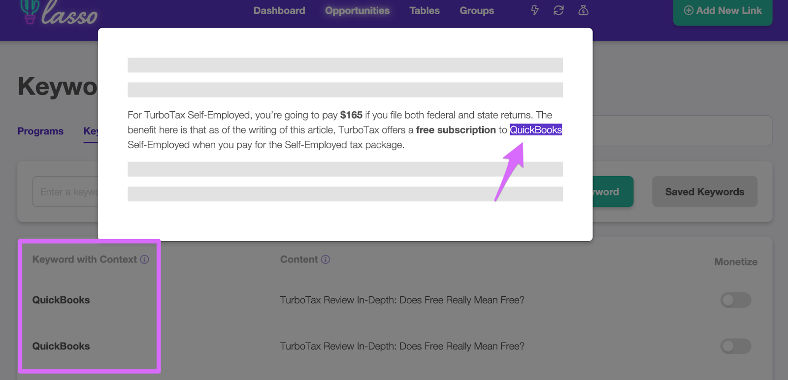 keyword with context preview