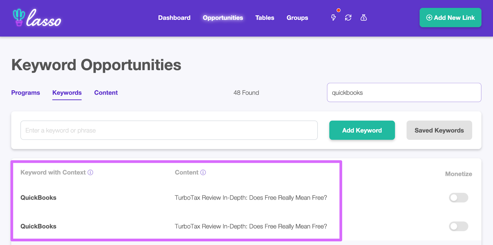 content results from keyword search
