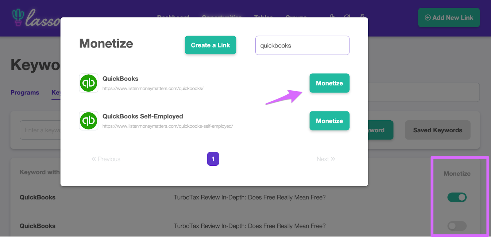 clicking the monetize green cta button