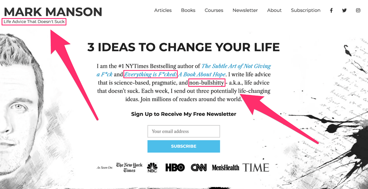 mark manson's blog taglines from his site