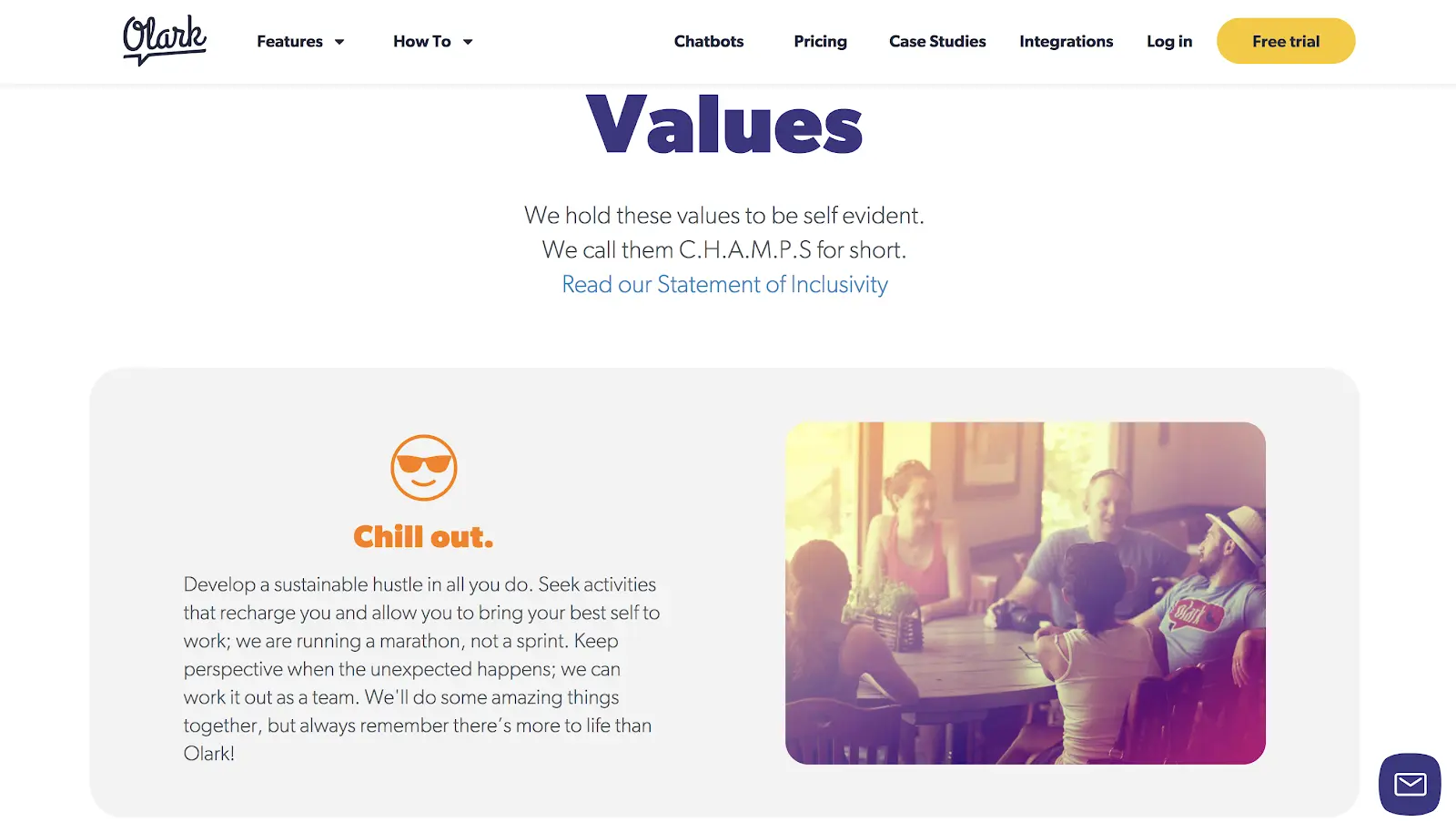 example of olark's value page with a section called chill out and a smiley sunglass wearing emoji