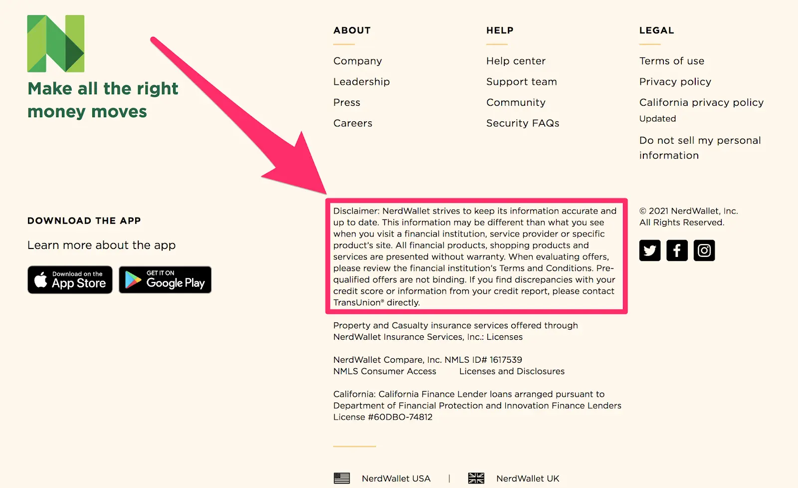 nerdwallet's disclaimer for what to put in a footer