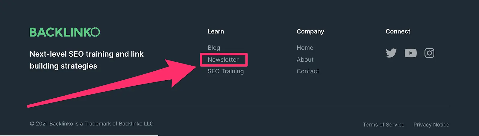 newsletter link displaying in the footer