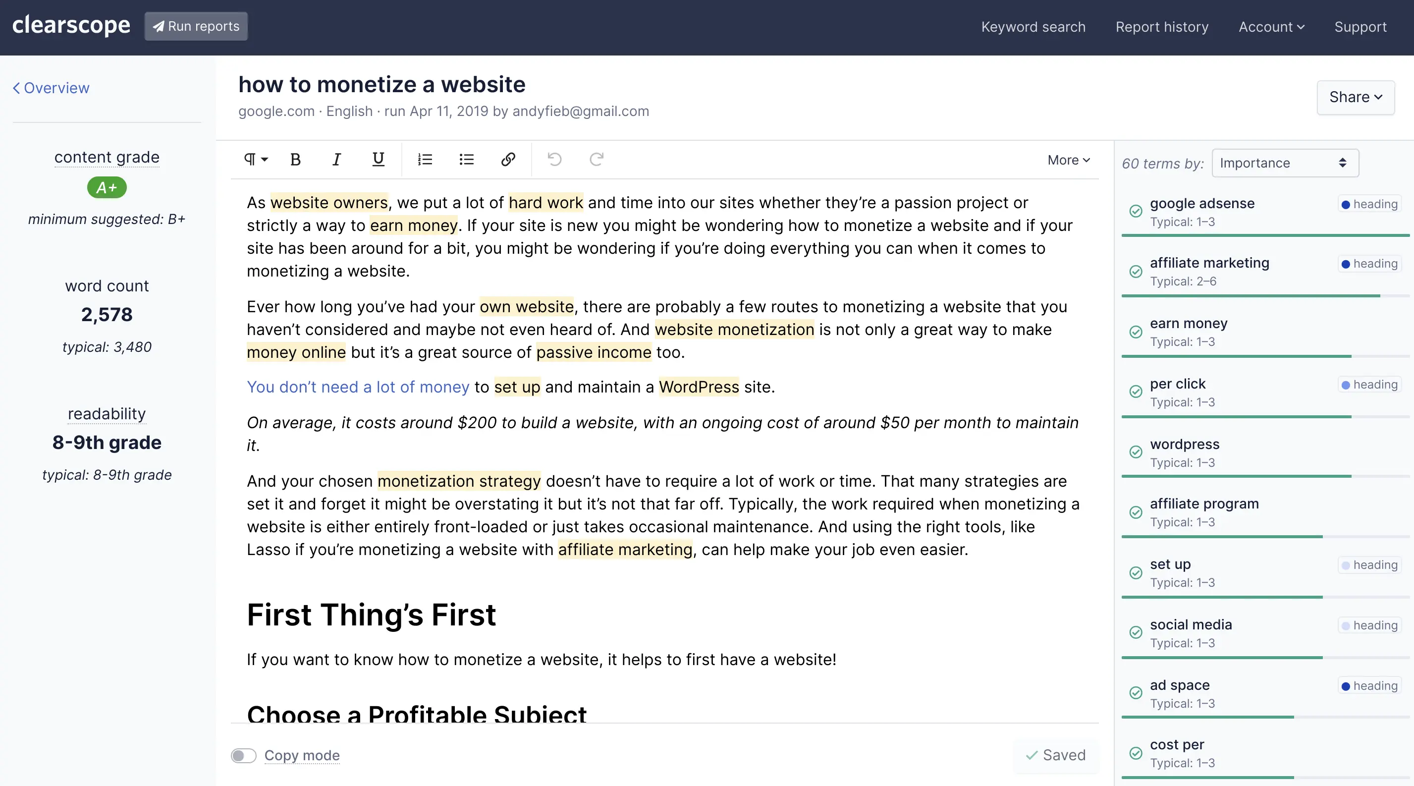 clearscope dashboard