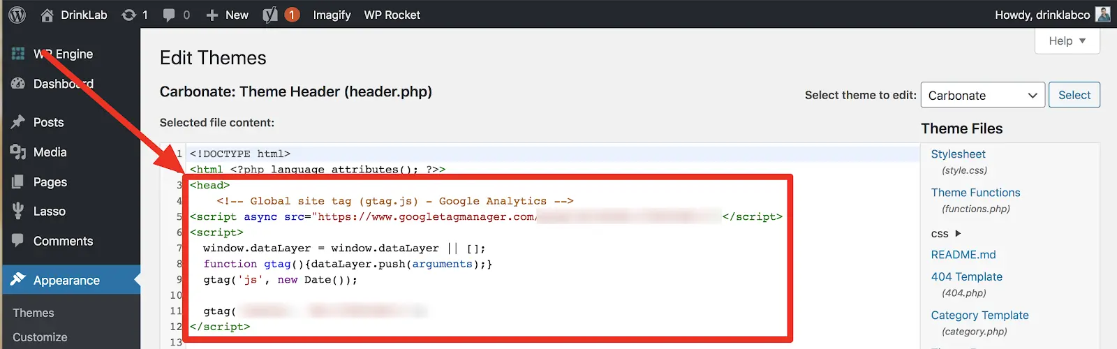 wordpress applying global site tag to theme