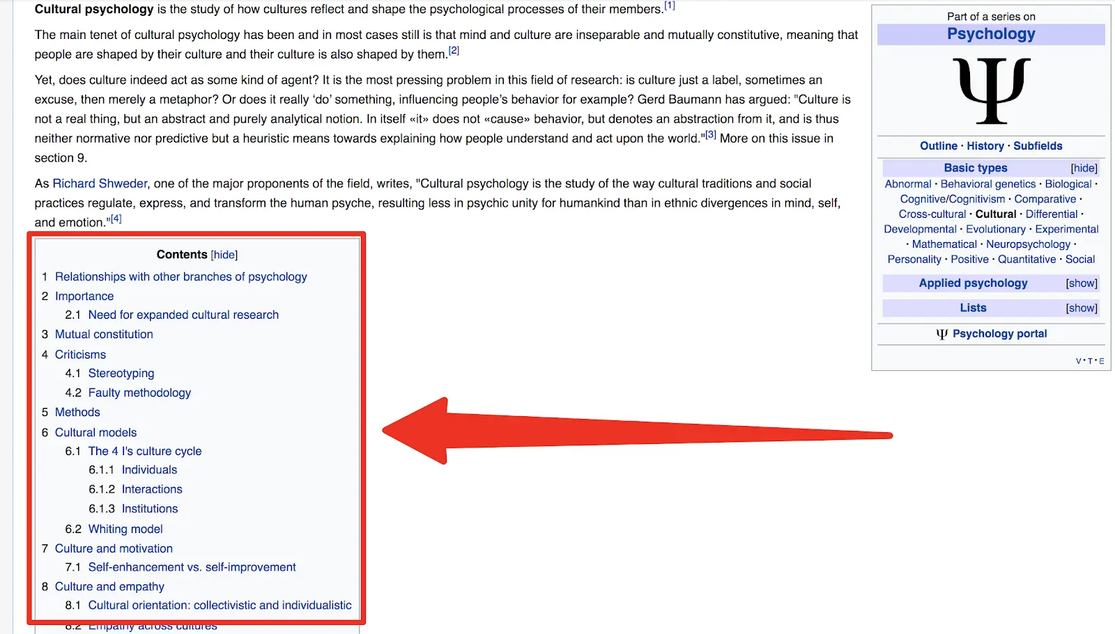 wikipedia table of contents page