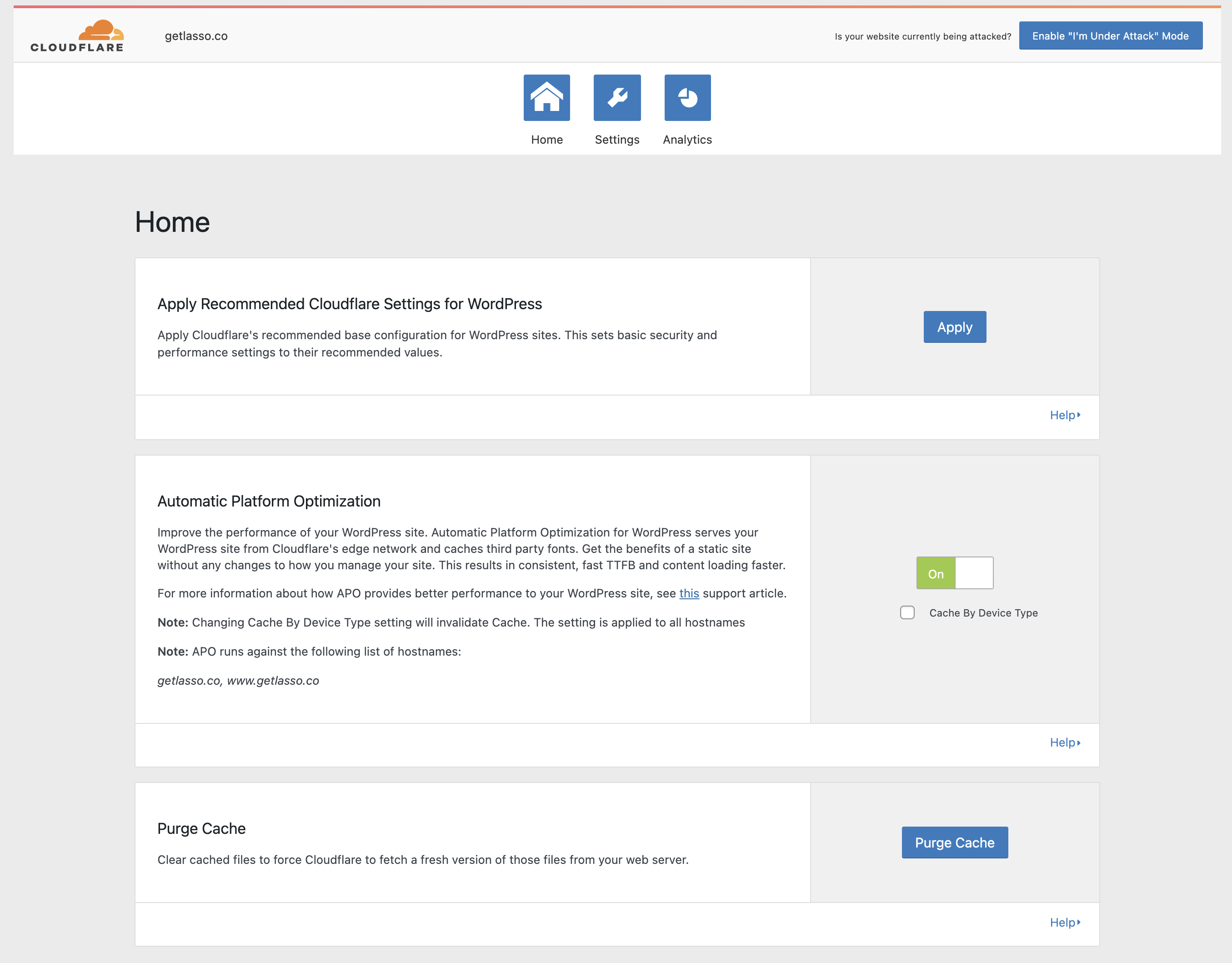 Cloudflare wordpress plugin interface