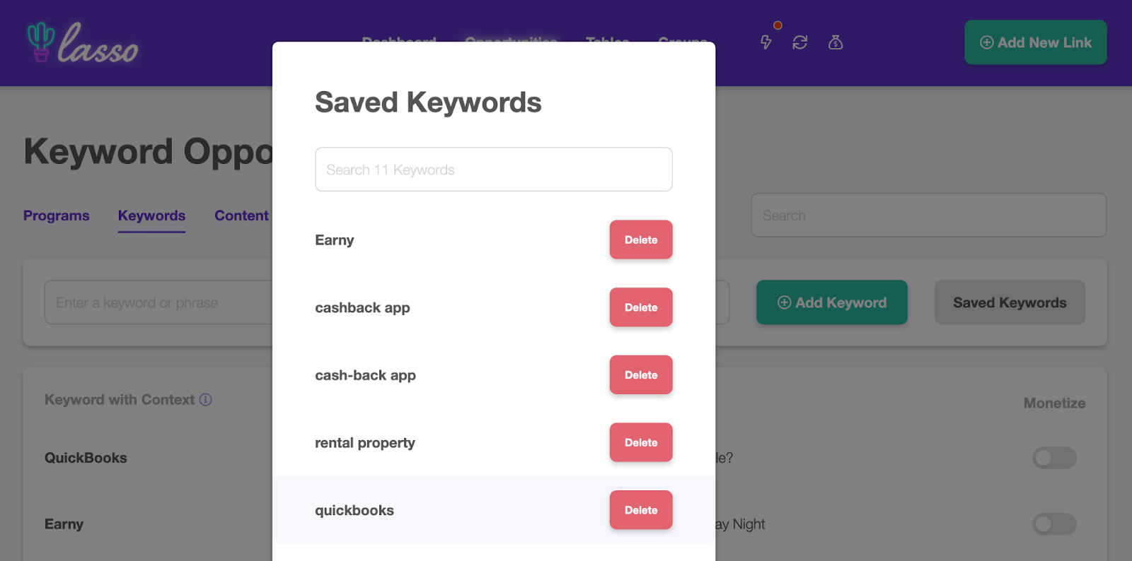 selecting saved keywords to delete