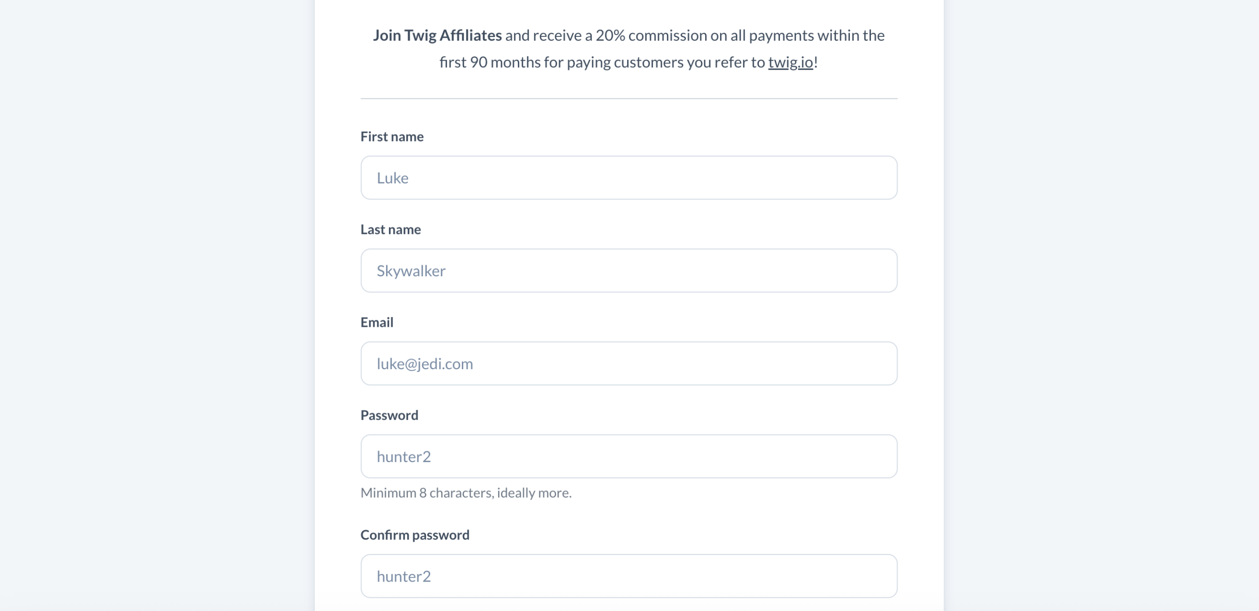 Twig affiliate program signup page