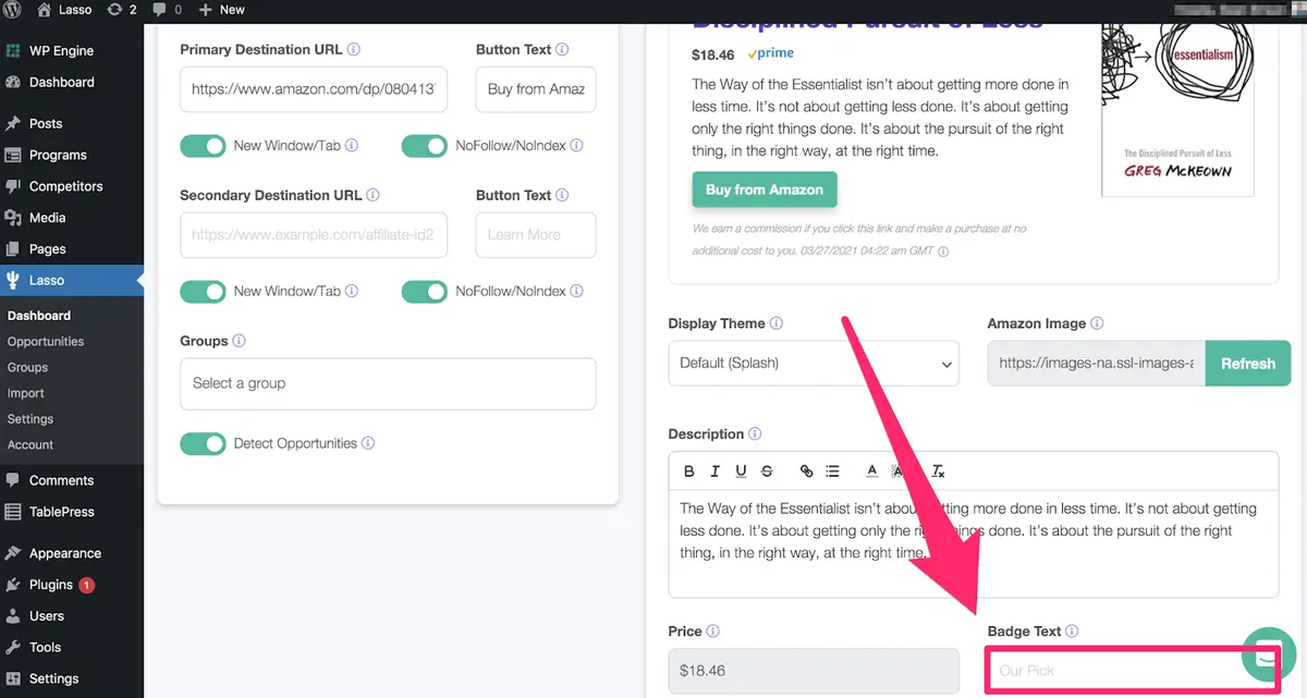 where to customize your badge text in the lower right corner of lasso product page