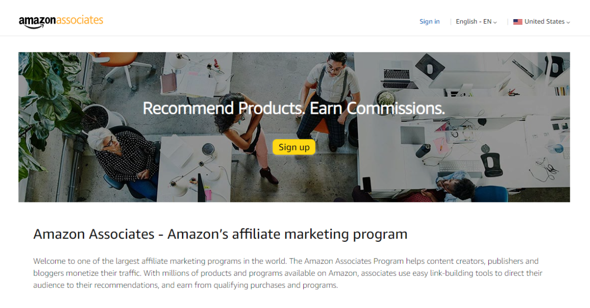 Amazon Associates affiliate program signup page