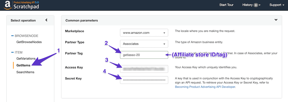 amazon scratchpad common parameters