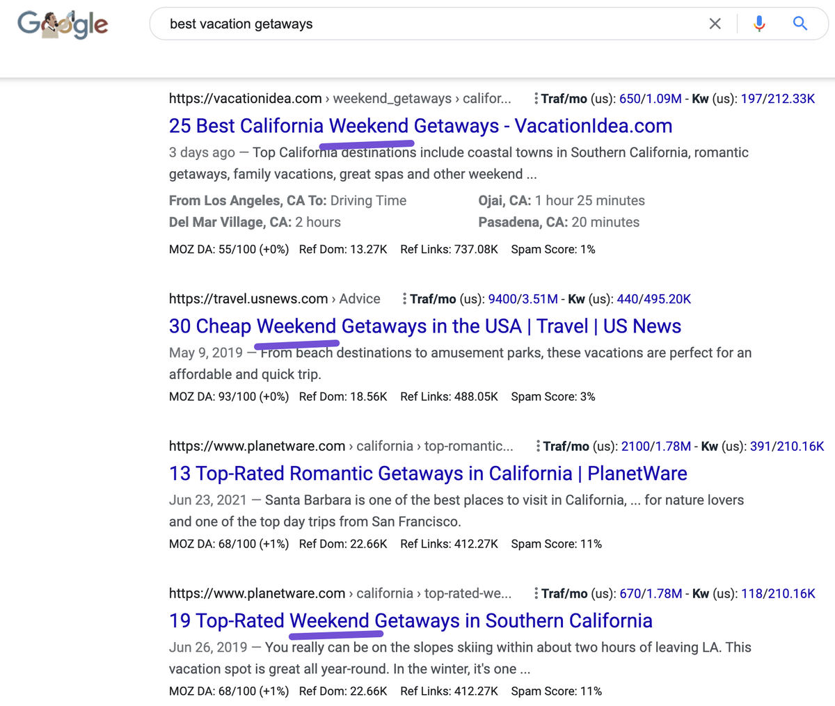 google search results page for best vacation getaways