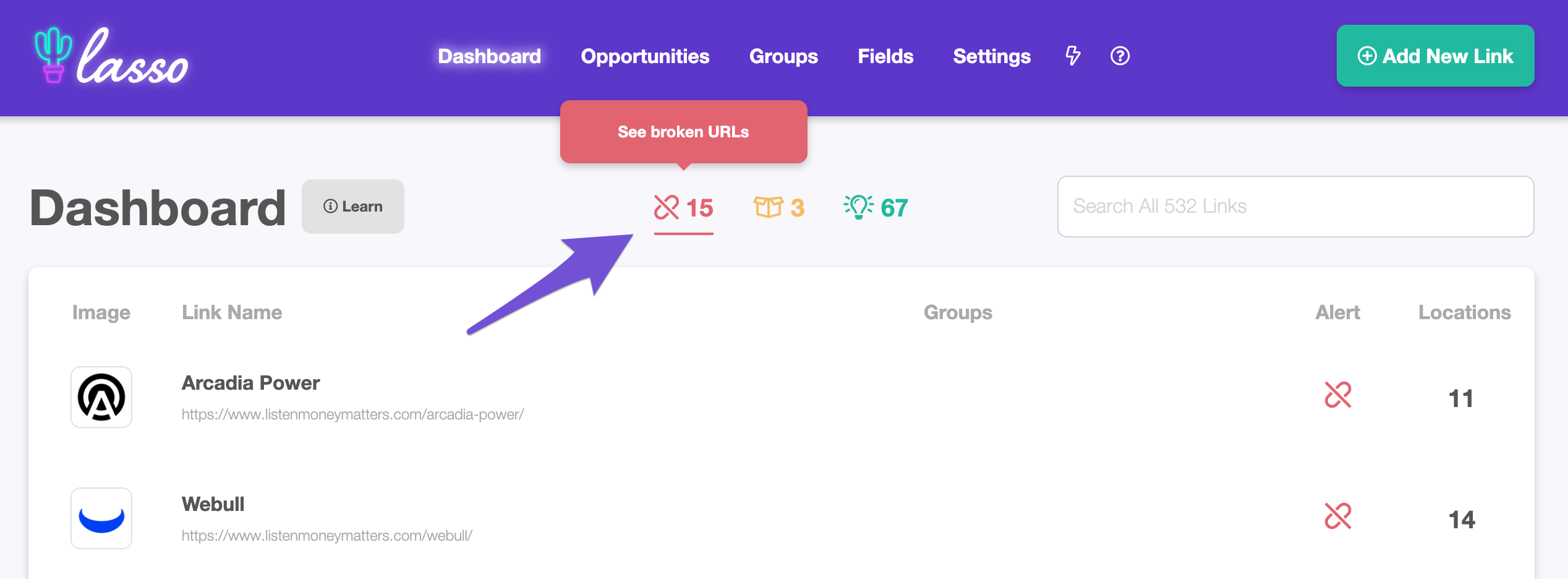 dashboard broken link alerts filter