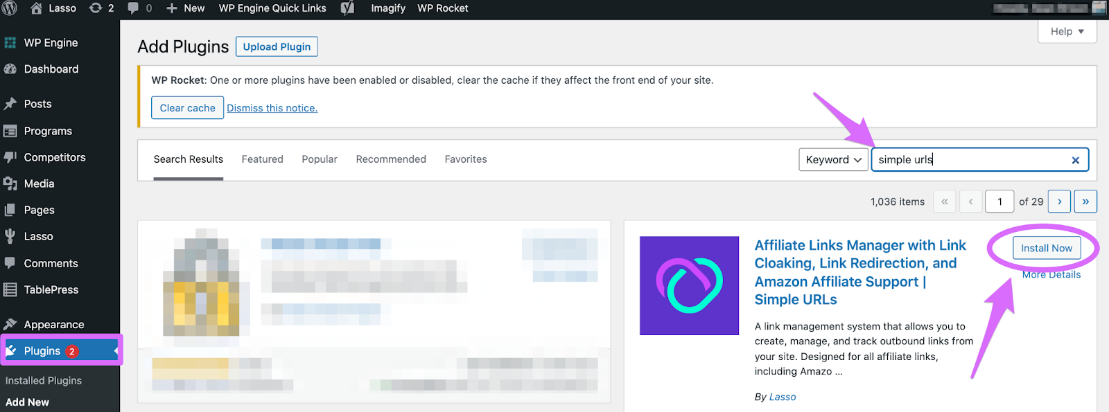 finding the simple urls plugin inside wordpress dashboard