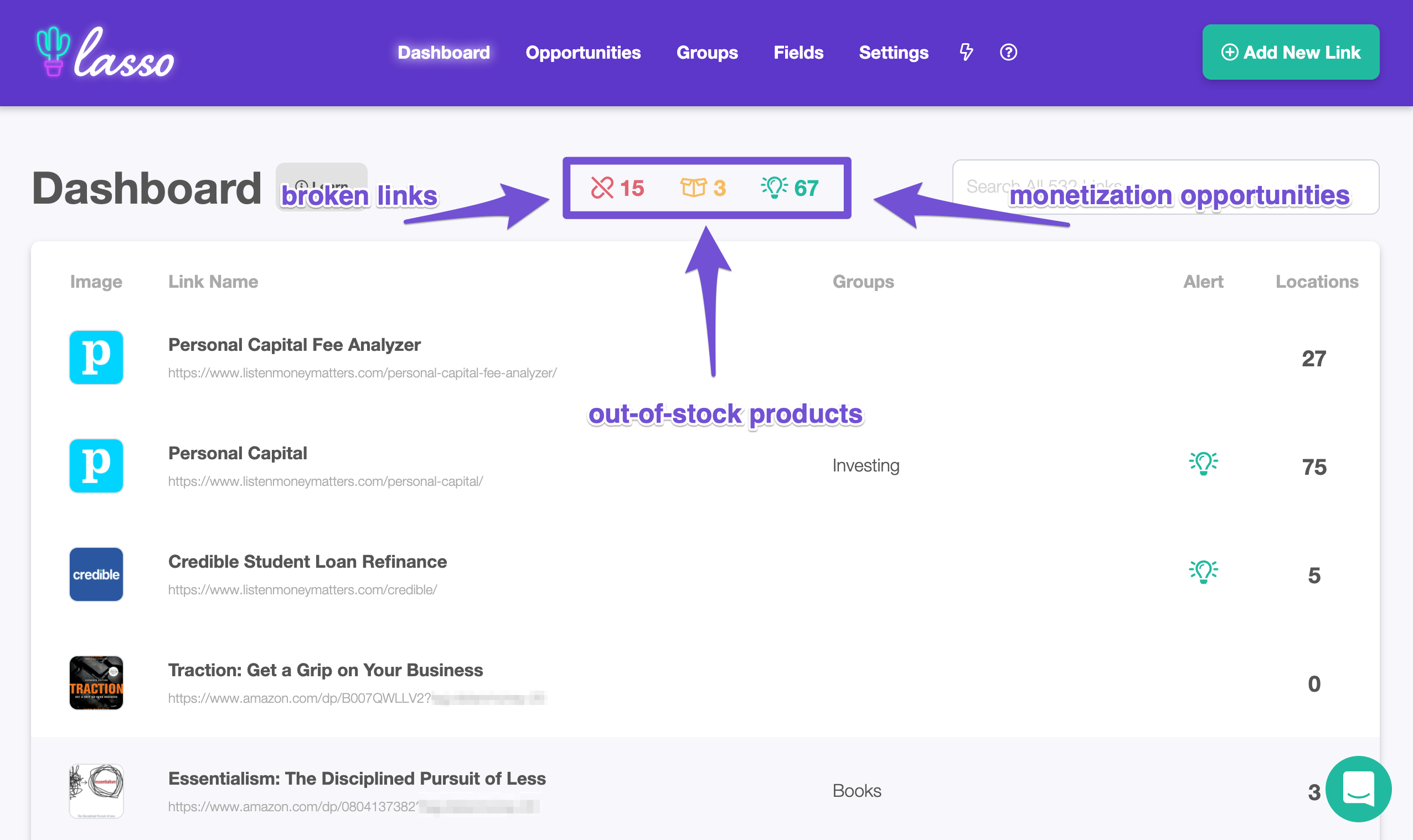 lasso dashboard checking amazon link health