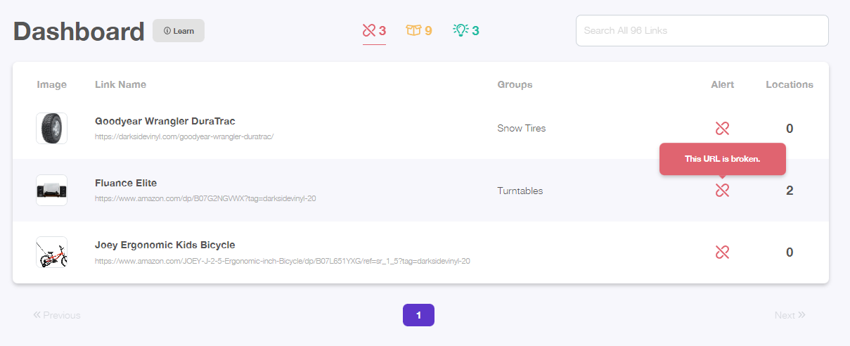 Screenshot of the Lasso WordPress plugin's broken link alerts report