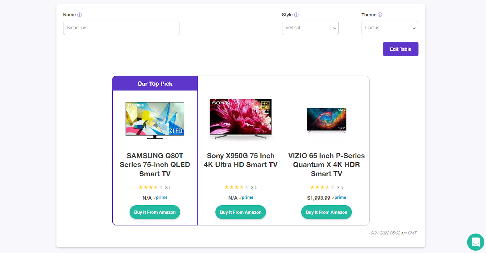 Screenshot of the Lasso WordPress plugin's comparison table builder