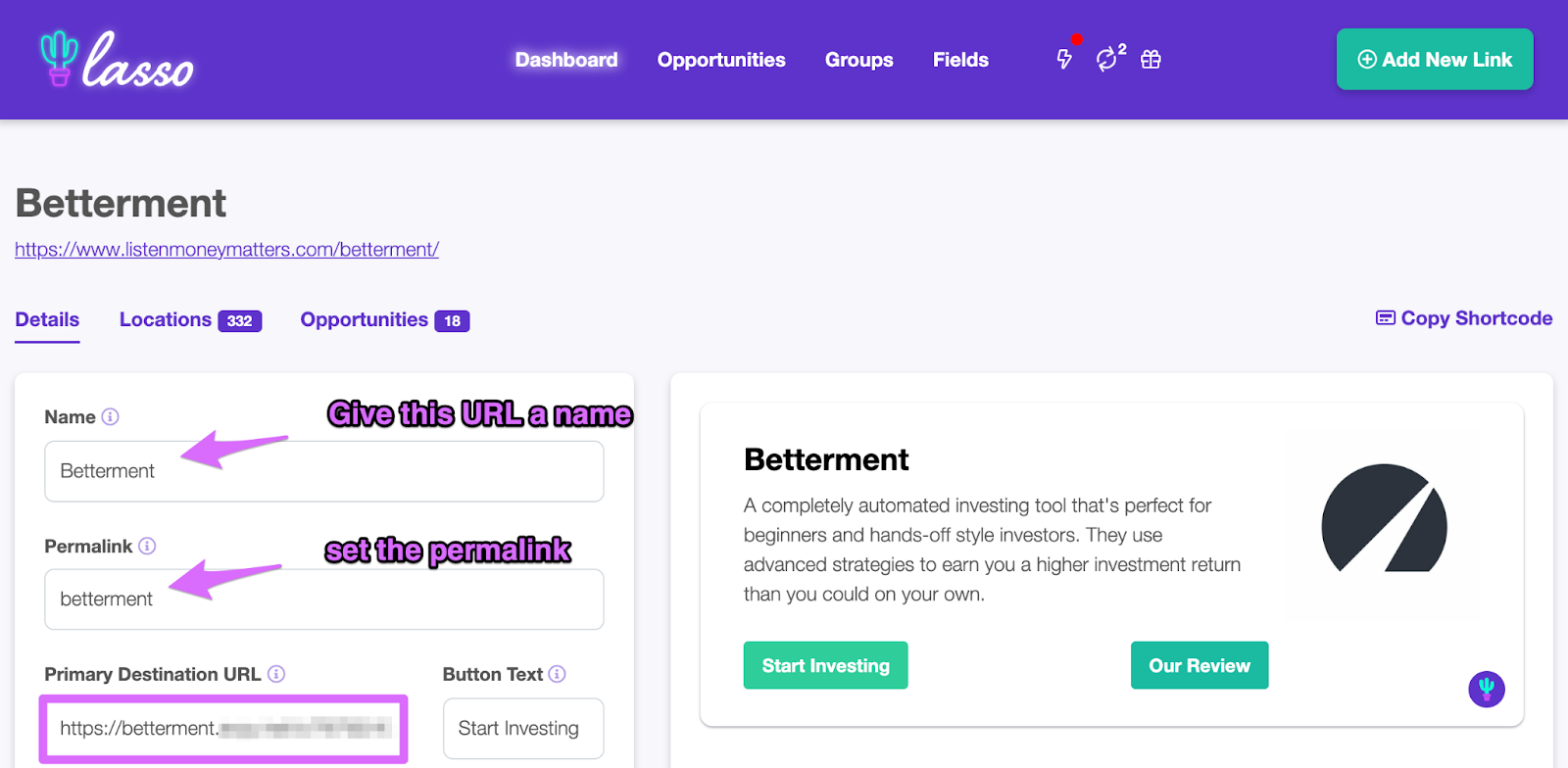 lasso link details page