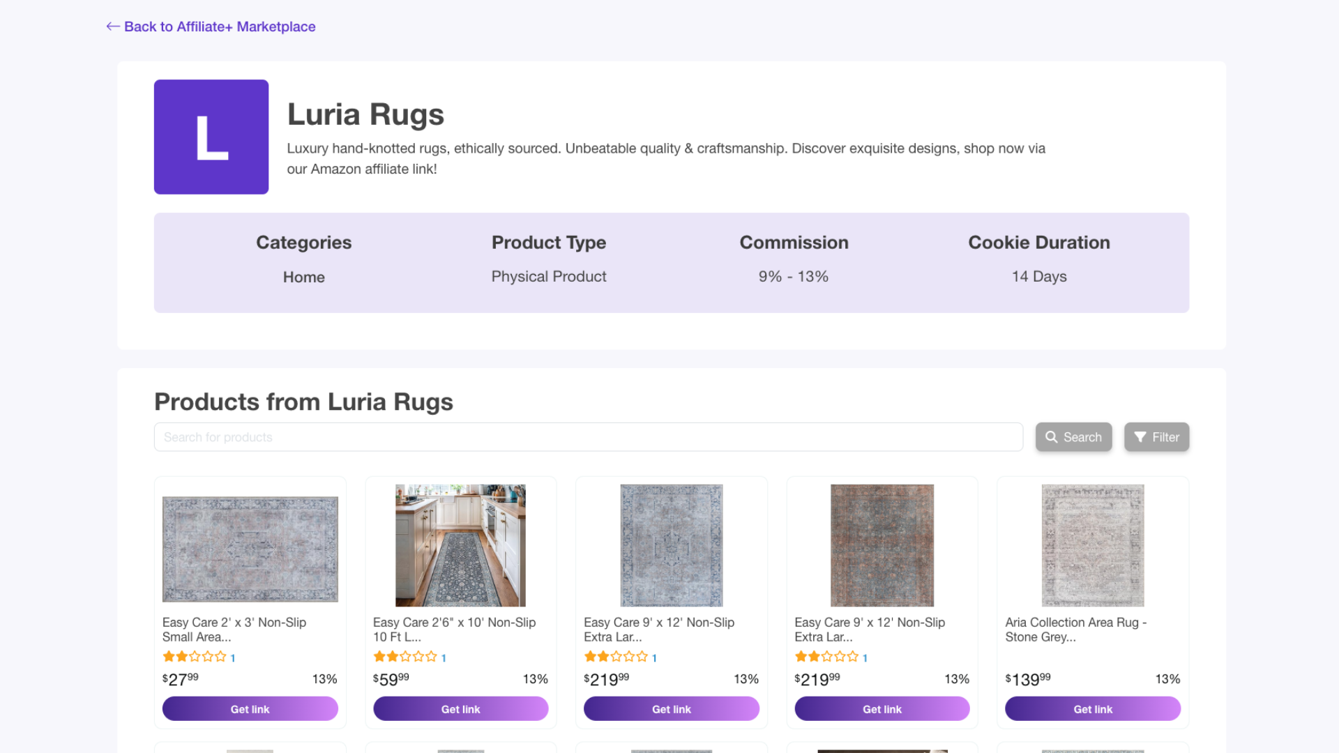 Luria Rugs affiliate program signup page