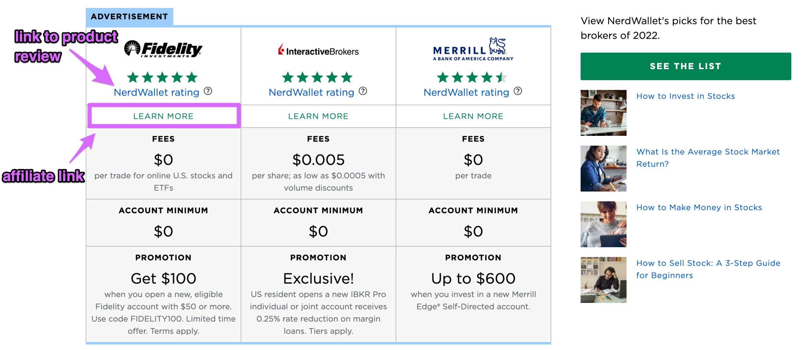 nerdwallet comparison table with secondary cta button to product review