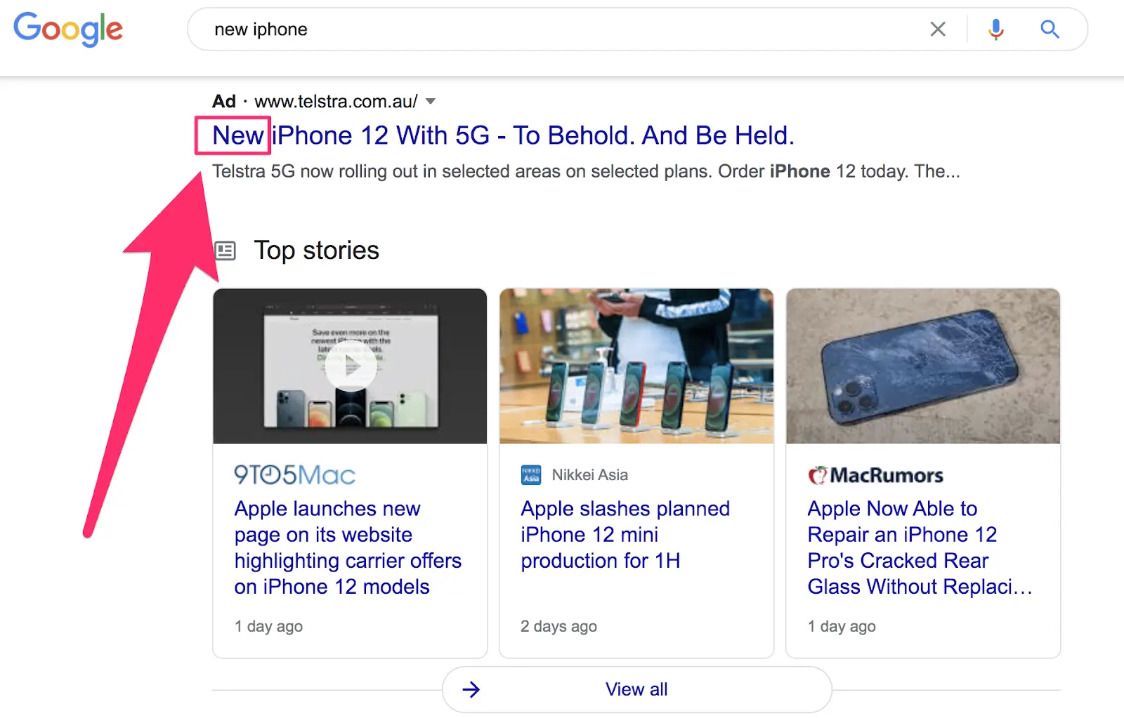 ad displaying the words new iphone in the headline display on the serp