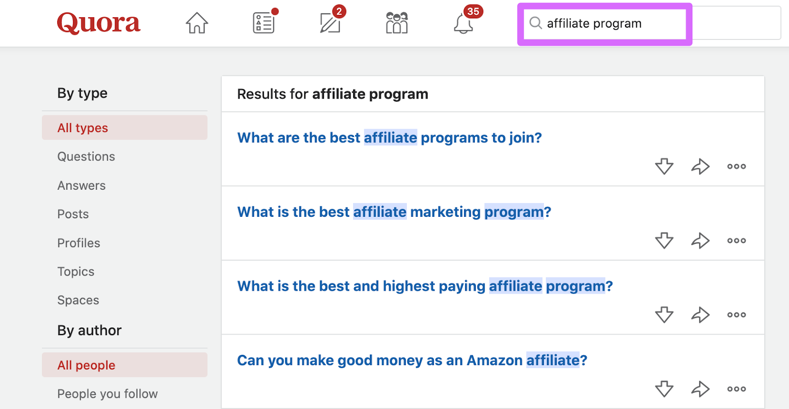 using quora search to find affiliate programs by typing your keyword into the search filter