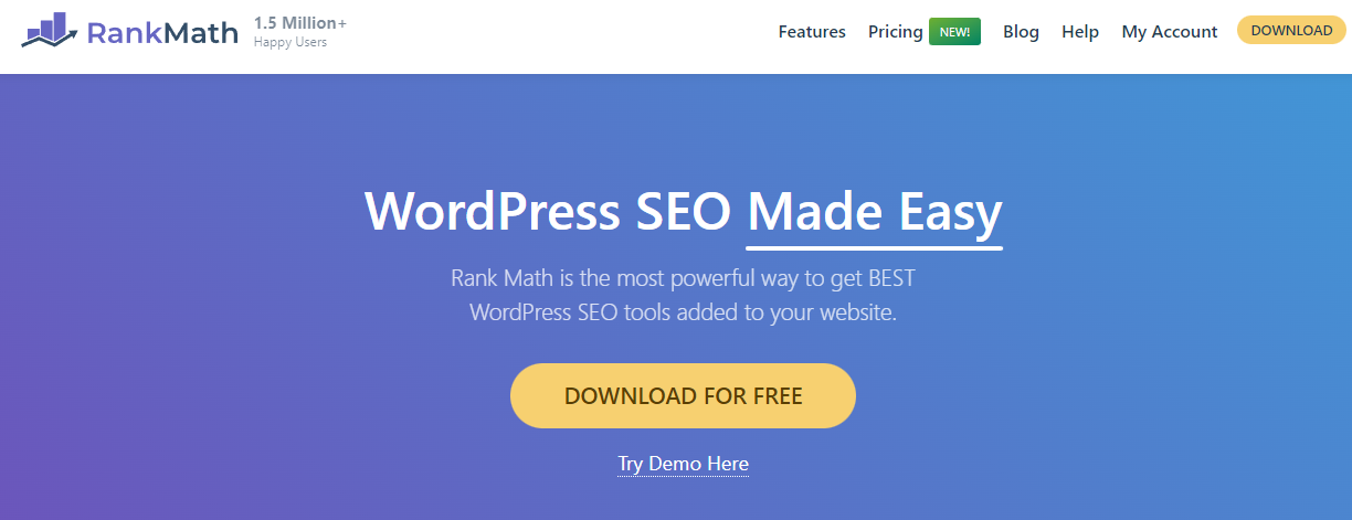 Screenshot of the RankMath WordPress plugin's website home page
