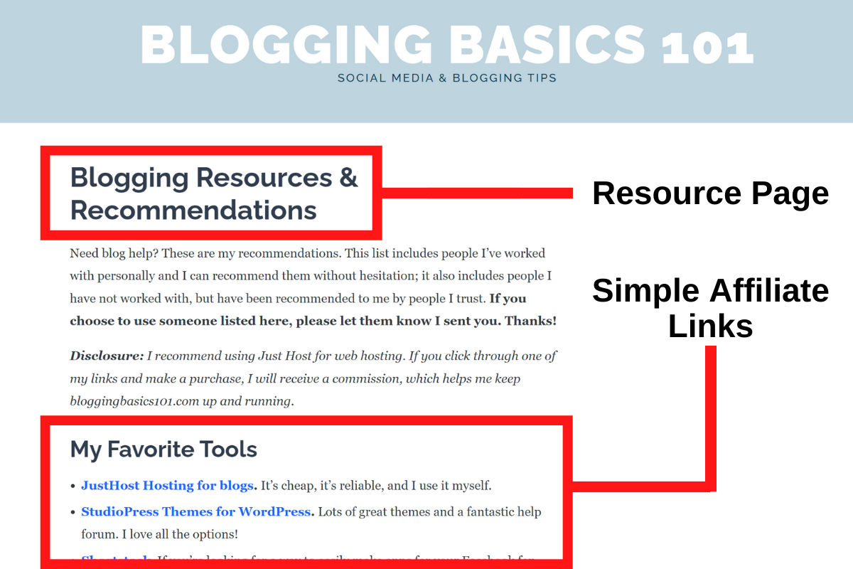 Example of a simple affiliate resource page
