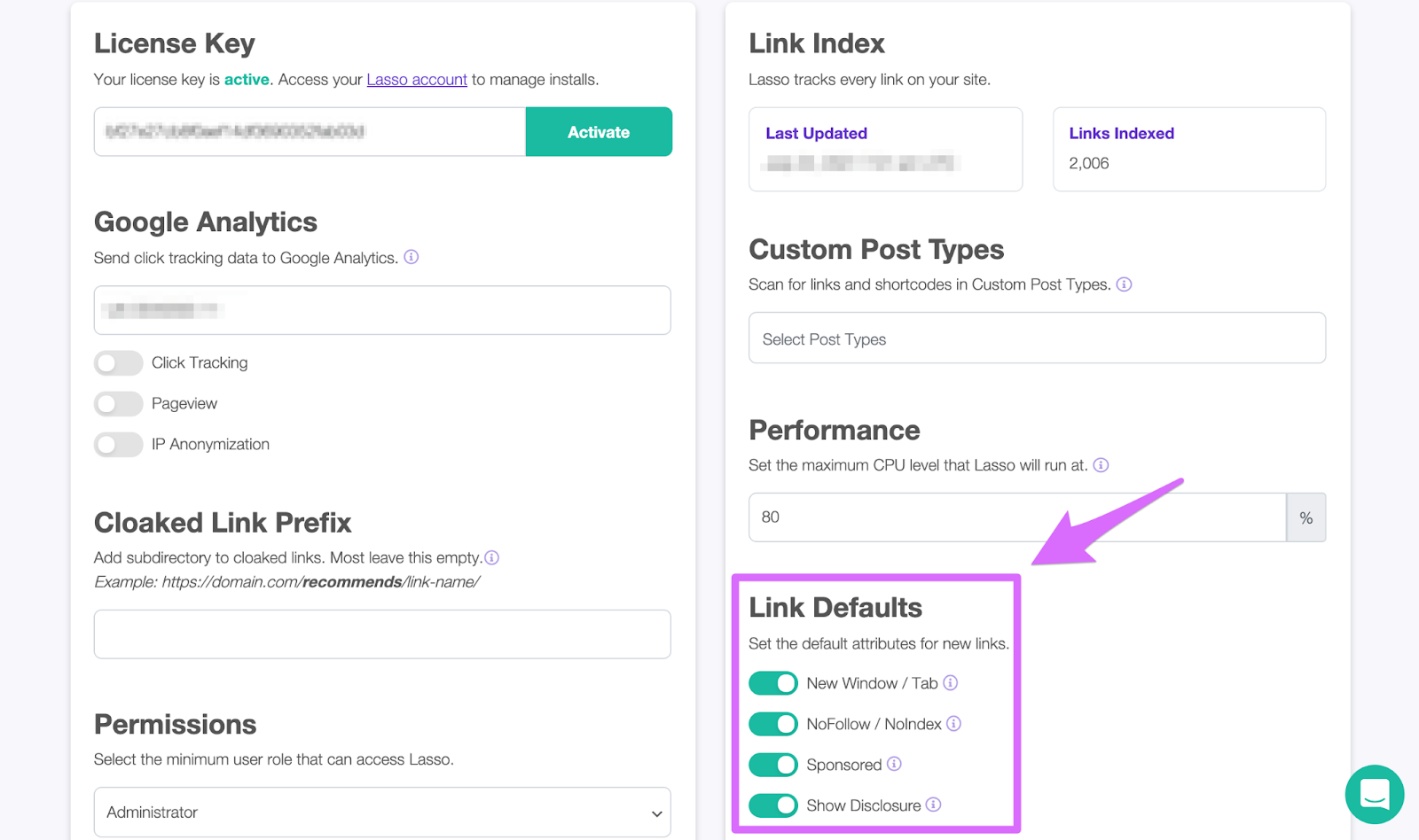 finding the link defaults in the lasso settings page