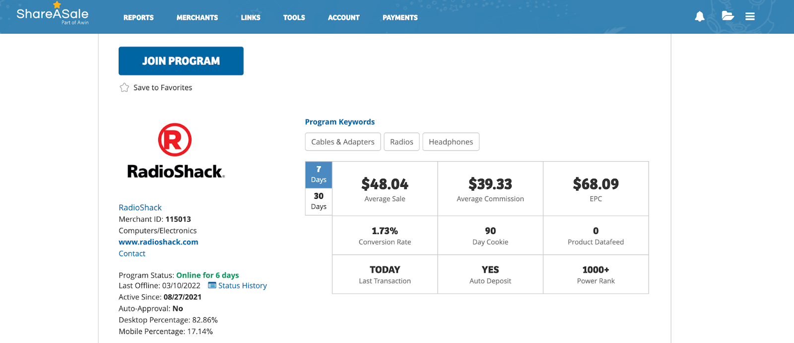 shareasale radio shack click data with epc and conversion rate for finding affiliate programs