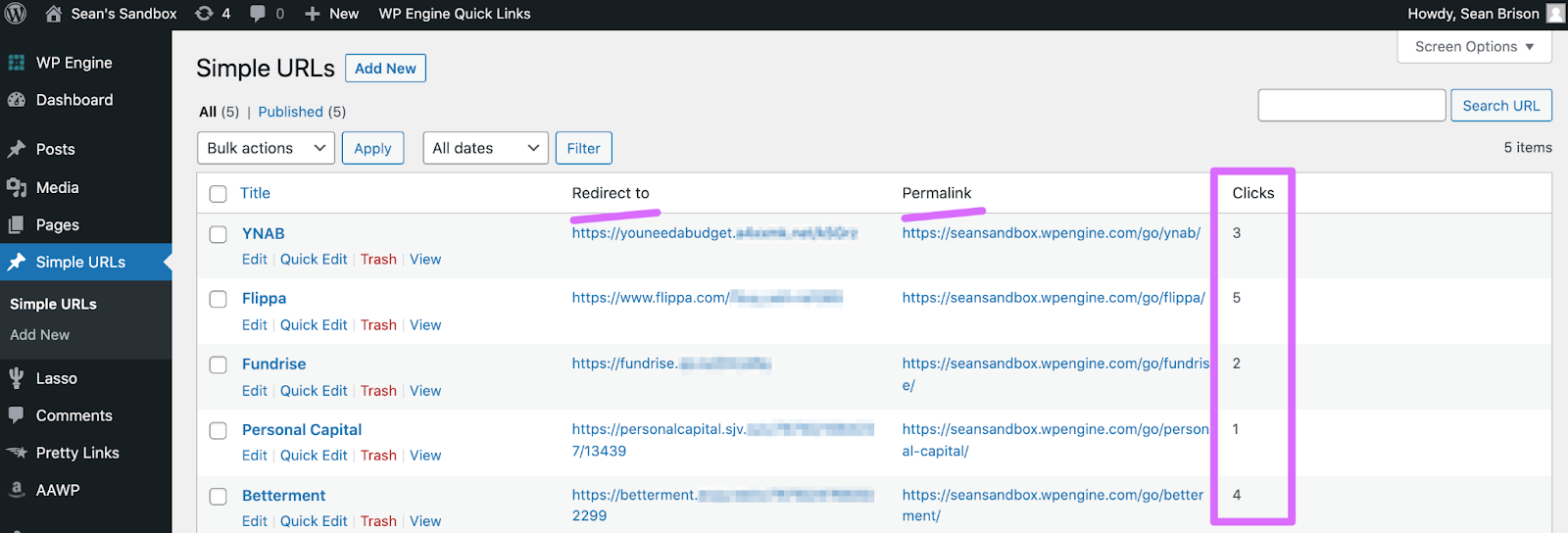 simple urls dashboard with permalink and number of clicks