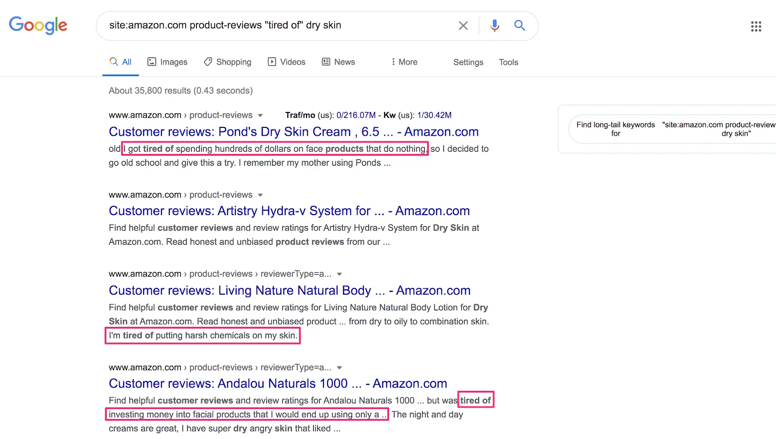 highlighting the number of instances the phrase tired of appears in the serp
