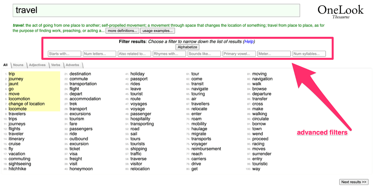 one look thesaurus advanced filter settings