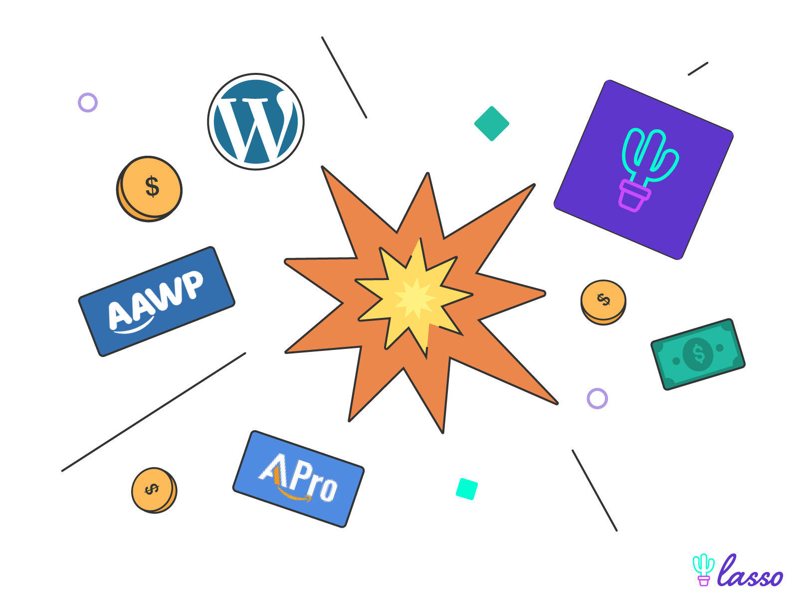wordpress affiliate plugins logos exploding out of an explosion with dollar bill signs
