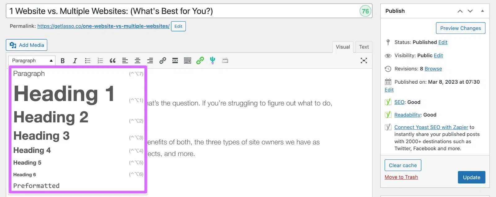 WordPress post editor headings